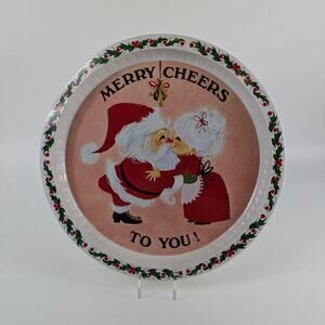Vtg 13" Santa Christmas Serving Tray Retro Mrs Claus Mistletoe Merry Cheers Tin